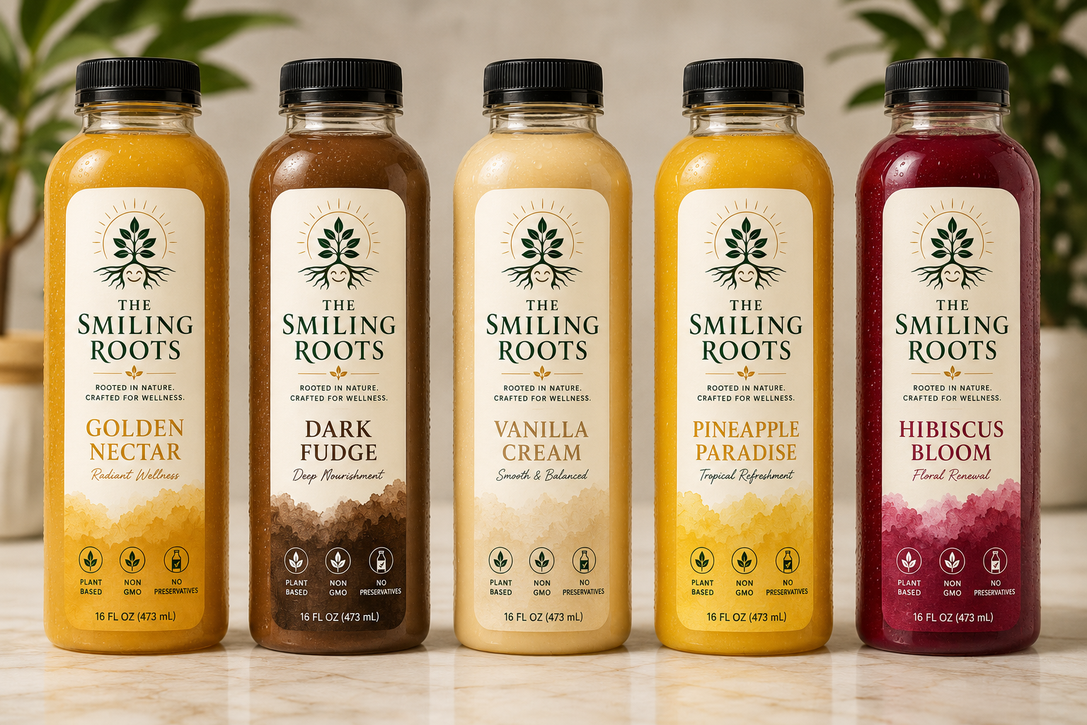 The Smiling Roots — Golden Nectar, Dark Fudge, Vanilla Cream, Pineapple Paradise, Hibiscus Bloom